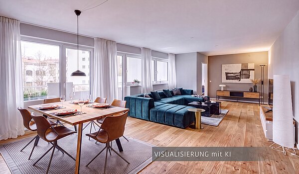 Płaski z 3.5 Pokoje | München-Au | 704231 | Foto von KI generiert, Darstellung einer möglichen Wohnraumgestaltung ohne Zwischenwand