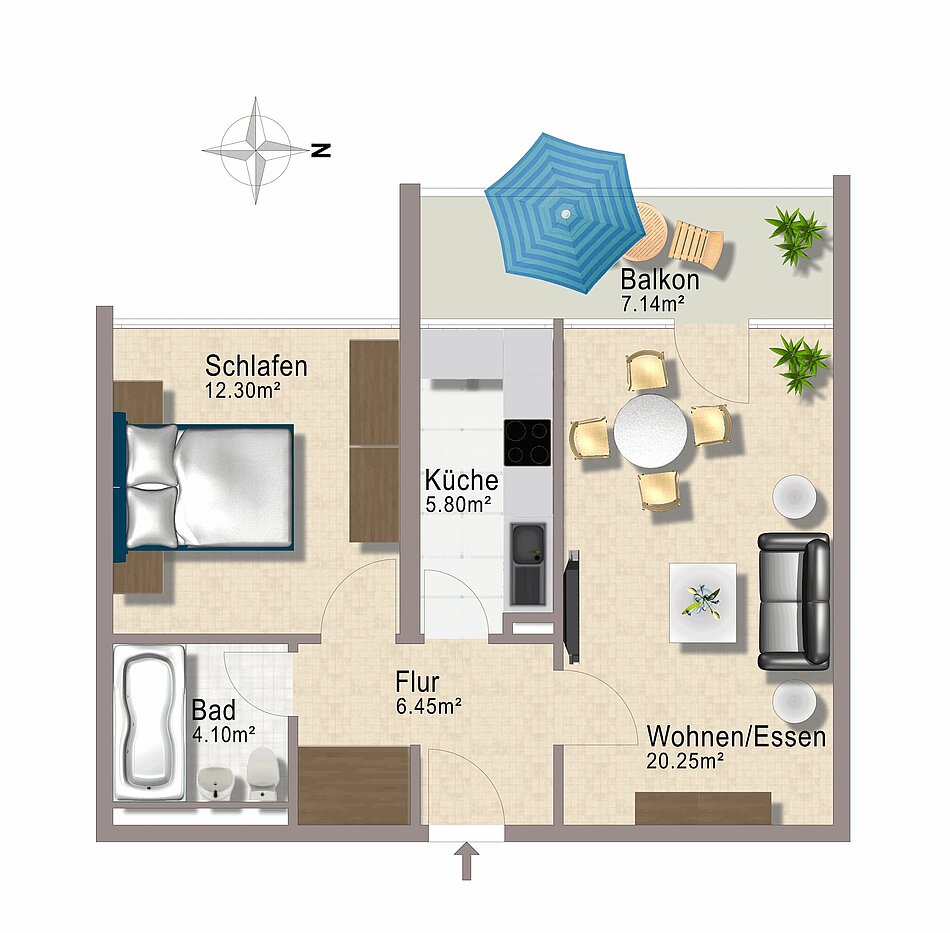 Плосък с 2 Стаи | München-Berg am Laim | 1803ML4 | Grundriss nicht maßstabsgetreu