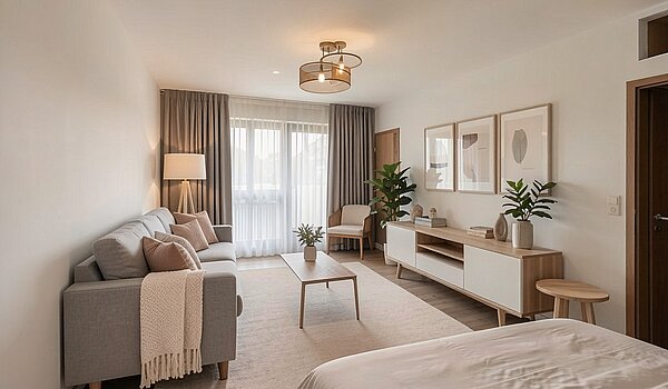 Apartment s spletno stranjo . 1 Soba | München-Laim | 70503 | - Wohnzimmer, Skandinavisch - (KI generiert)