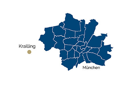 Karte von Krailing Die Karte zeigt die Entfernung nach München
