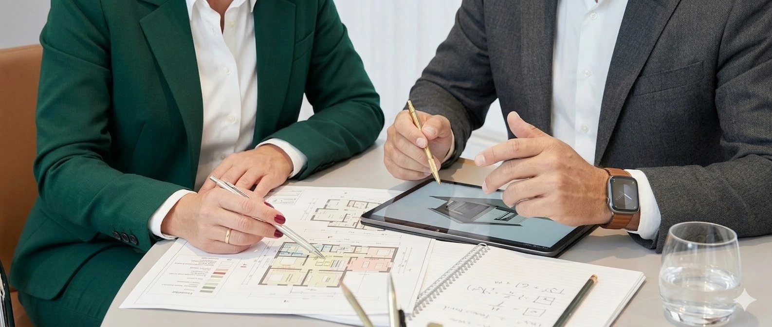 Zwei Personen begutachten gemeinsam einen Grundriss am Schreibtisch und besprechen die Immobilienbewertung